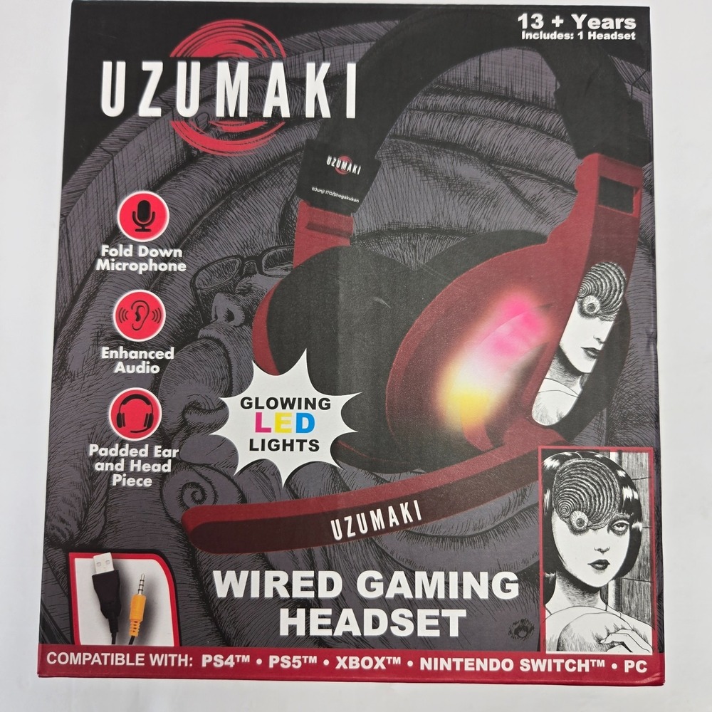 Uzumaki Wired Gaming Headset LED Lights Fold Down Mic PS4 PS5 Xbox Switch PC